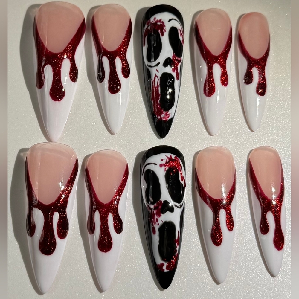 Custom Hand Painted Halloween Stilleto Scream Blood Cat Eye Press On Nails 10Pc